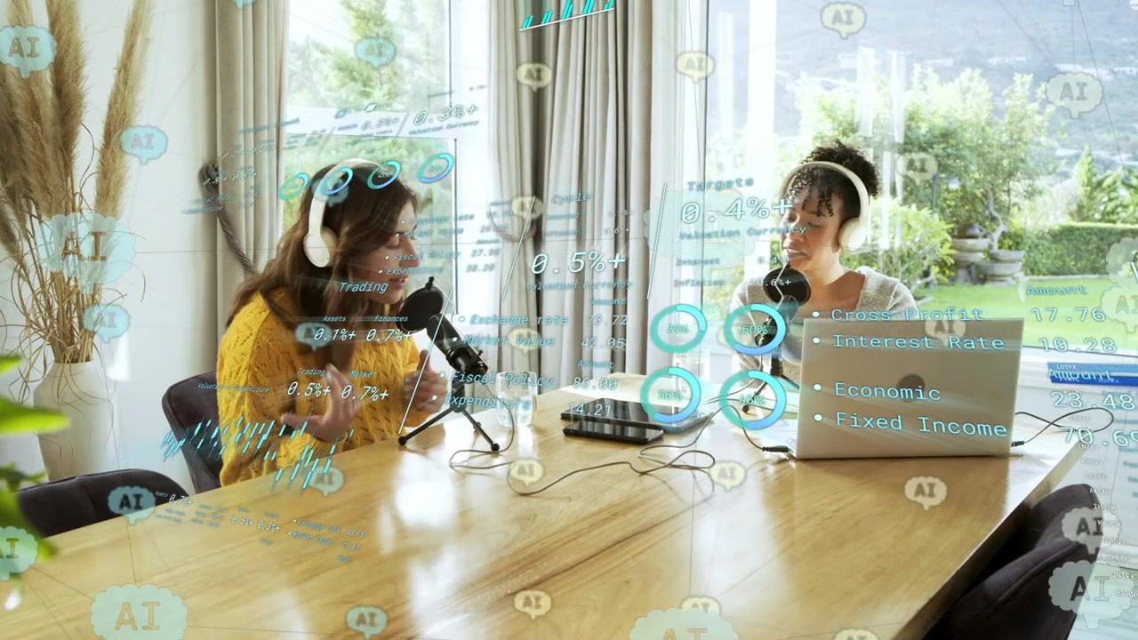 Two co-host women conversing, laptop typing activating animated AI charts for podcast recording