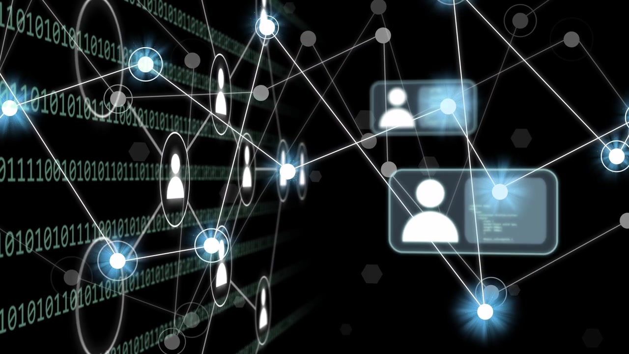 Binary plane activating, nodes lighting and linking, profile cards shifting forward to show network