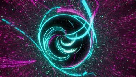 a captivating display of swirling neon colors forms an intricate vortex, blending shades of blue and pink. the animation draws viewers into a dynamic spiral that pulsates with energy, creating a sense of movement and depth. as the colors intertwine and shift, the visual experience captures attention