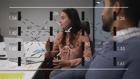 In office, professionals discussing business meeting with data processing animation overlay