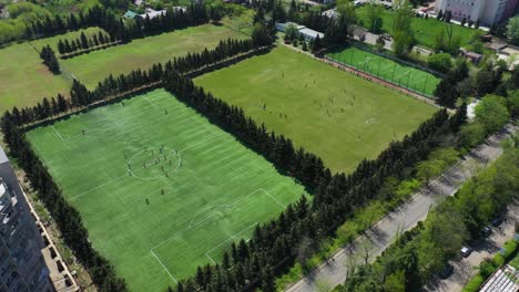 Gente-Jugando-En-El-Campo-De-Deportes-Al-Aire-Libre-Rodeado-De-árboles-Coníferos-En-Tbilisi,-Georgia