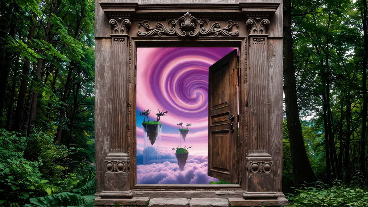 Enchanted Doorway to a Fantasy Realm with Floating Islands