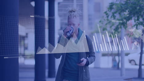 using smartphone and drinking coffee, person with data analytics animation over cityscape