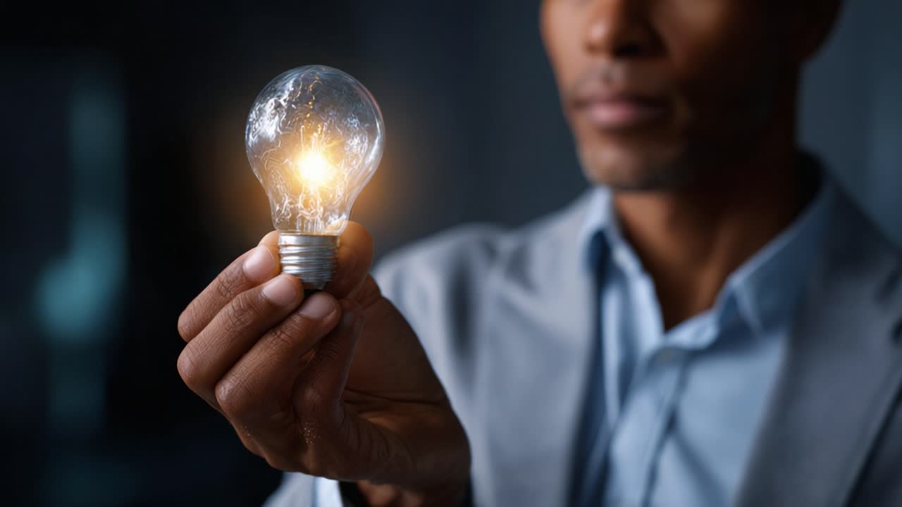 A man holds a glowing light bulb, symbolizing innovation, creativity, and the power of ideas as he explores new concepts in a dimly lit environment