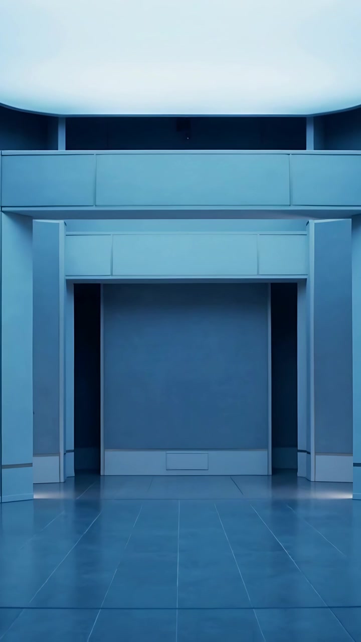 Vertical video: Pulling back camera revealing centered portal via frames in lobby, with skylight
