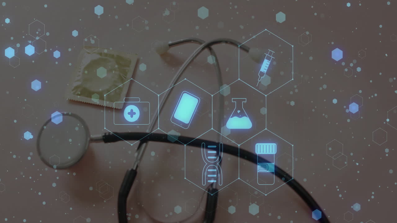 Animation of medical icons over stethoscope on white background