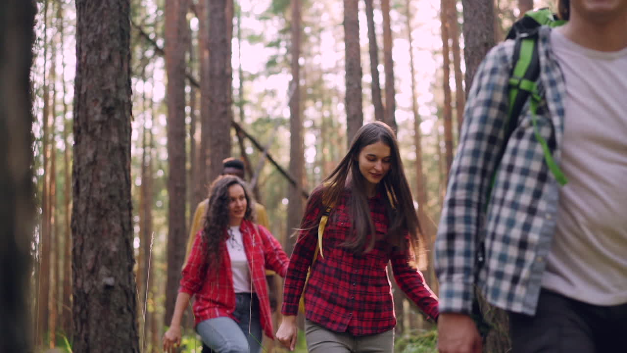친구 들 이 숲 에서 산책 하고 있다