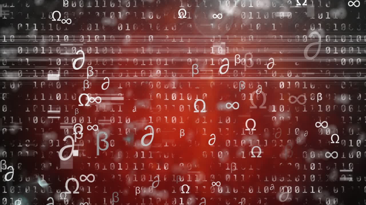 animación de símbolos matemáticos y código binario en fondo rojo
