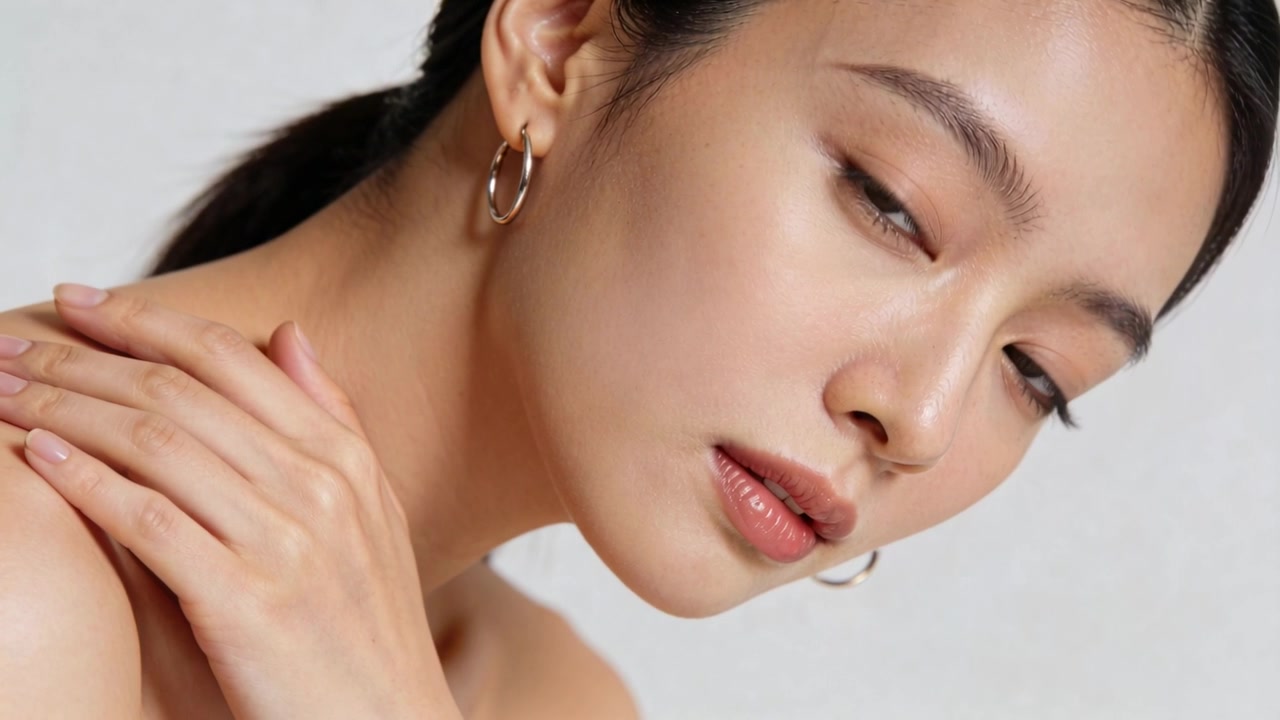スタジオで、モデルがカメラに反応し、首を傾げ、まばたきし、ゴールドのフープピアスをつけ、肩に手を置いてポーズを取る。