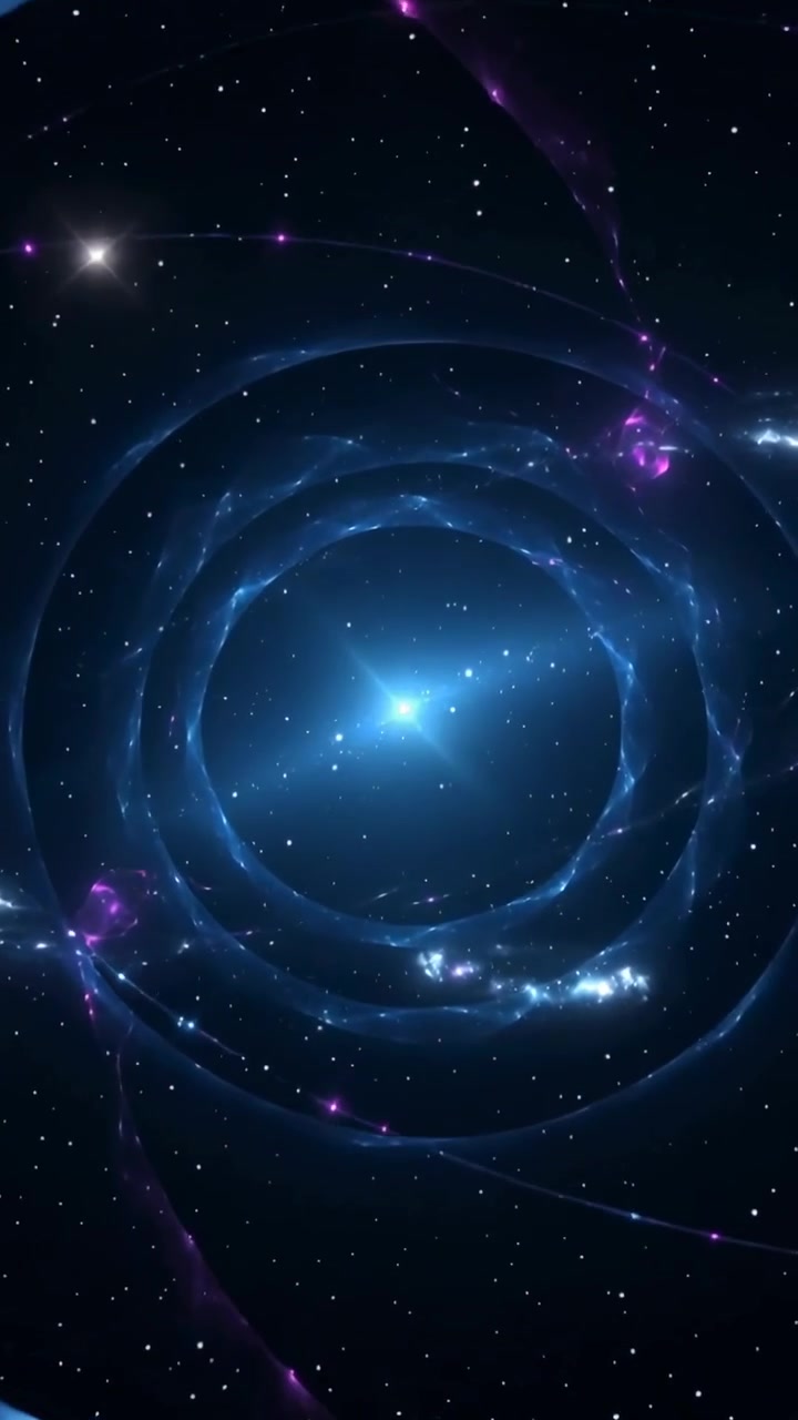 Video verticale: Un raggio ciano pulsante che genera un vortice che si contrae in una stella tra anelli blu nello spazio.