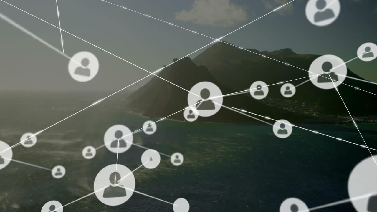 Data processing animation showing network of connections over landscape background