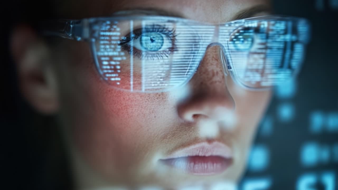 A Close-Up of a Focused Individual Wearing Smart Glasses, Engaged in a Digital Interface Displaying Data and Information Overlays Highlighting Technological Innovation