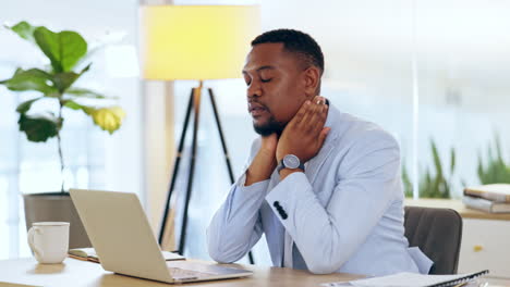 business, black man and neck pain in office