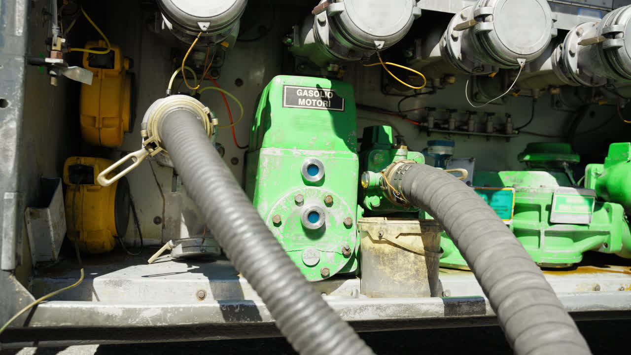 Pumps with pipes from a tanker truck in refueling, translation, diesel engines
