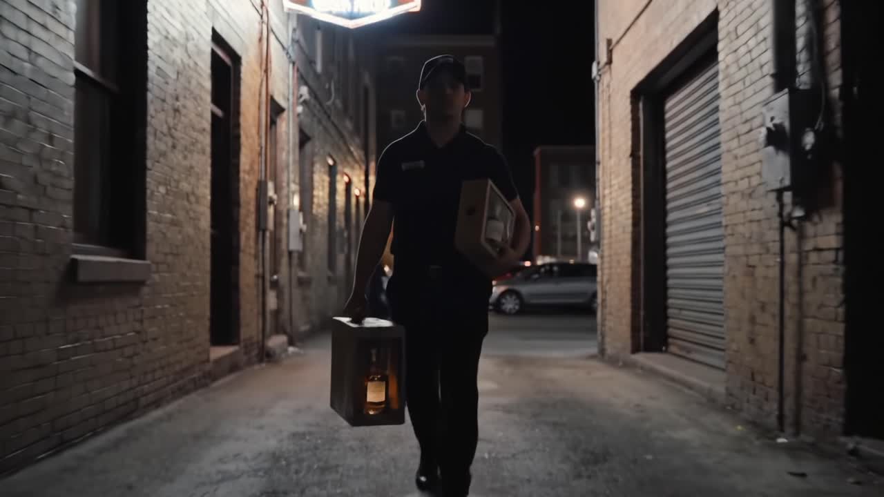 Late Night Delivery: A Man Carrying Bottles Through an Urban Alleyway Captured in Two Frames of a Nighttime Journey
