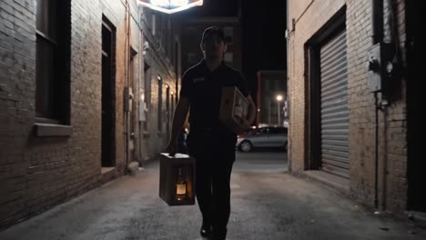 late night delivery: a man carrying bottles through an urban alleyway captured in two frames of a nighttime journey
