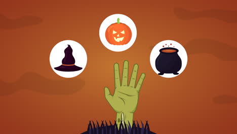 feliz celebración de halloween con mano sombie y iconos