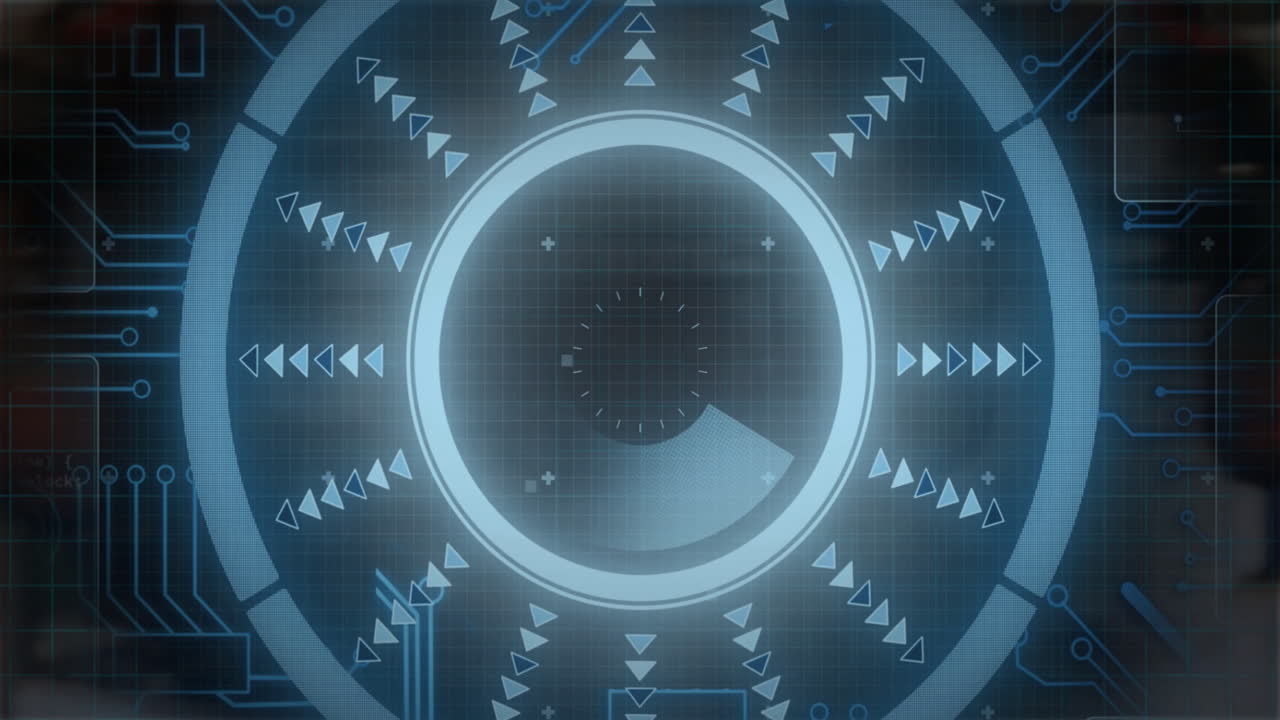 Animation of futuristic digital interface with circular patterns and arrows in blue