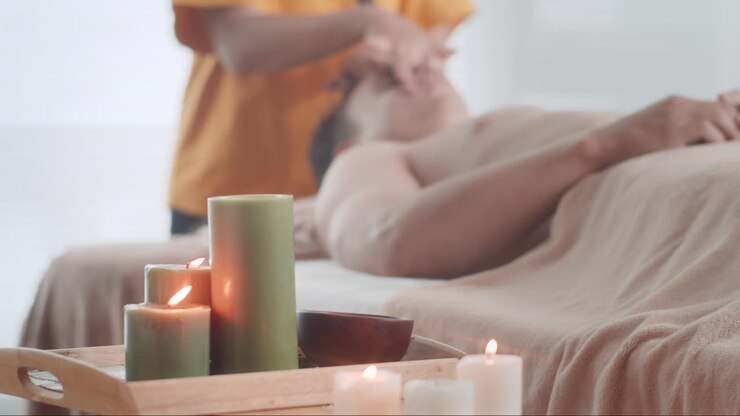 Mand, der får ansigtsbehandling i spa-salon med tændte stearinlys