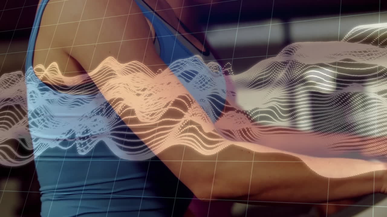 Two women running on gym treadmills, displaying digital grid overlay and waveform data