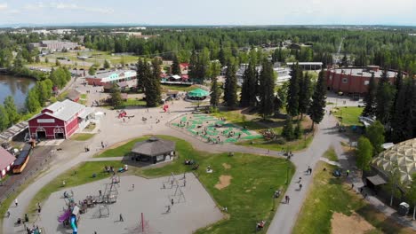 4k drone video of tanana valley railroad at pioneer park in fairbanks, ak during summer day