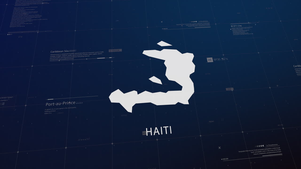 Haiti country map comes to life with cinematic panning, unveiling key details, the capital, and slogan, providing an engaging background for corporate and commercial use