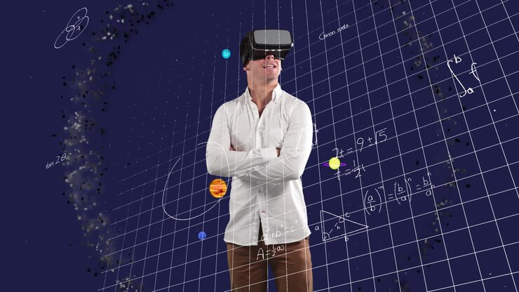 Animazione di un uomo d'affari che indossa un visore VR su equazioni e sistema solare