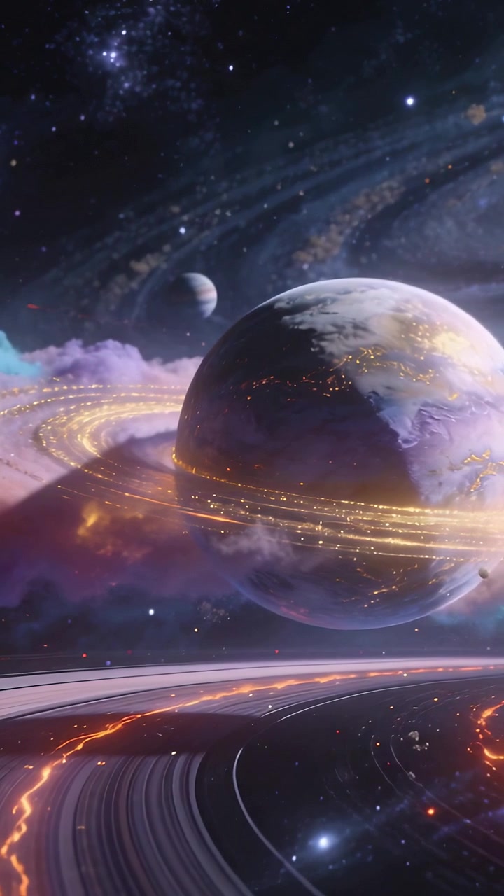 Vertical video: Camera panning, showing ringed planet rotating in space with gold ring and lava arc