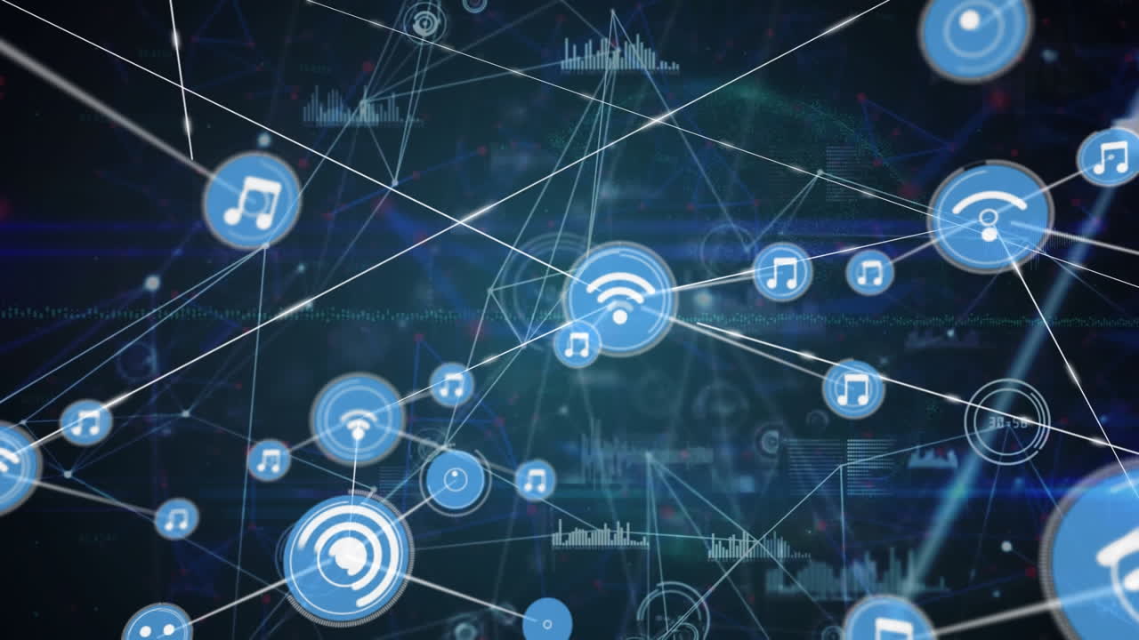animación de la red de iconos digitales y procesamiento de datos contra un fondo azul