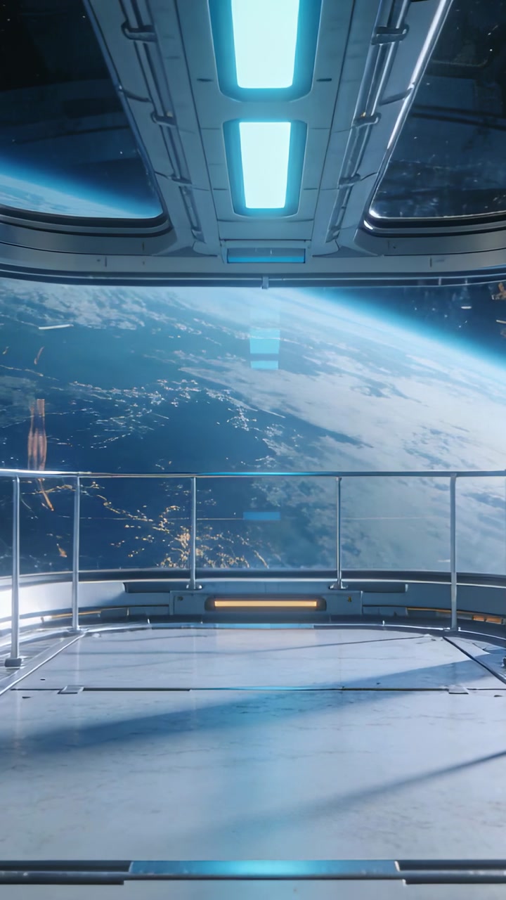 Vertical video: Camera nudging vacant orbital deck, window revealing Earth motion and cyan markers