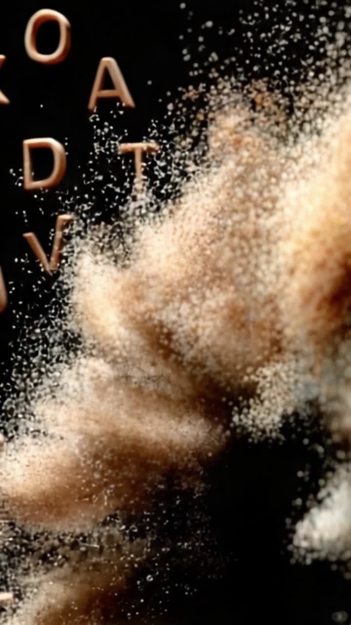 Uma visualização cativante de partículas e letras girando juntas, criando uma representação artística de movimento dinâmico e profundidade texturizada em um cenário escuro
