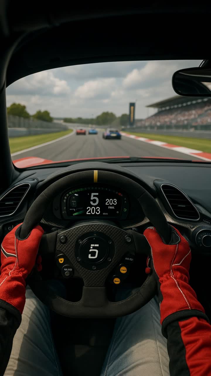 POV video game style, first-person view from a race car cockpit, showcasing a high-speed race