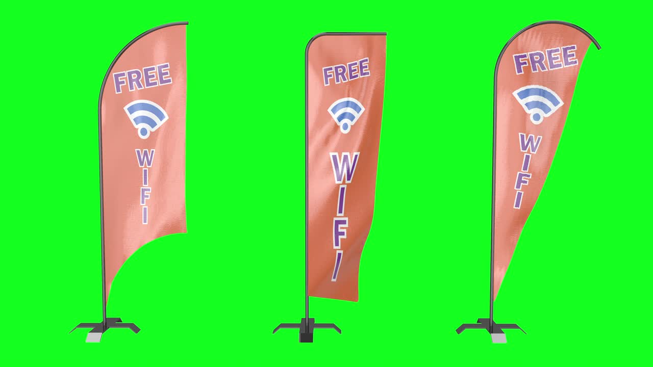 wi-fi gratuito bandera del grupo asta de la bandera pluma pantalla verde publicidad animación de la llave de croma 3d