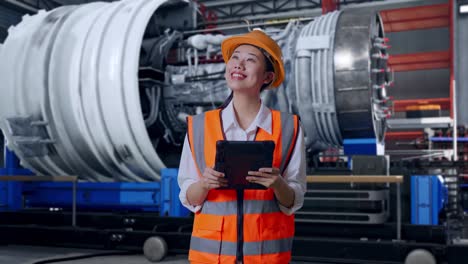 asian female engineer with safety helmet looking at the tablet in her hand and looking around while standing with airplane engine maintenance conducted