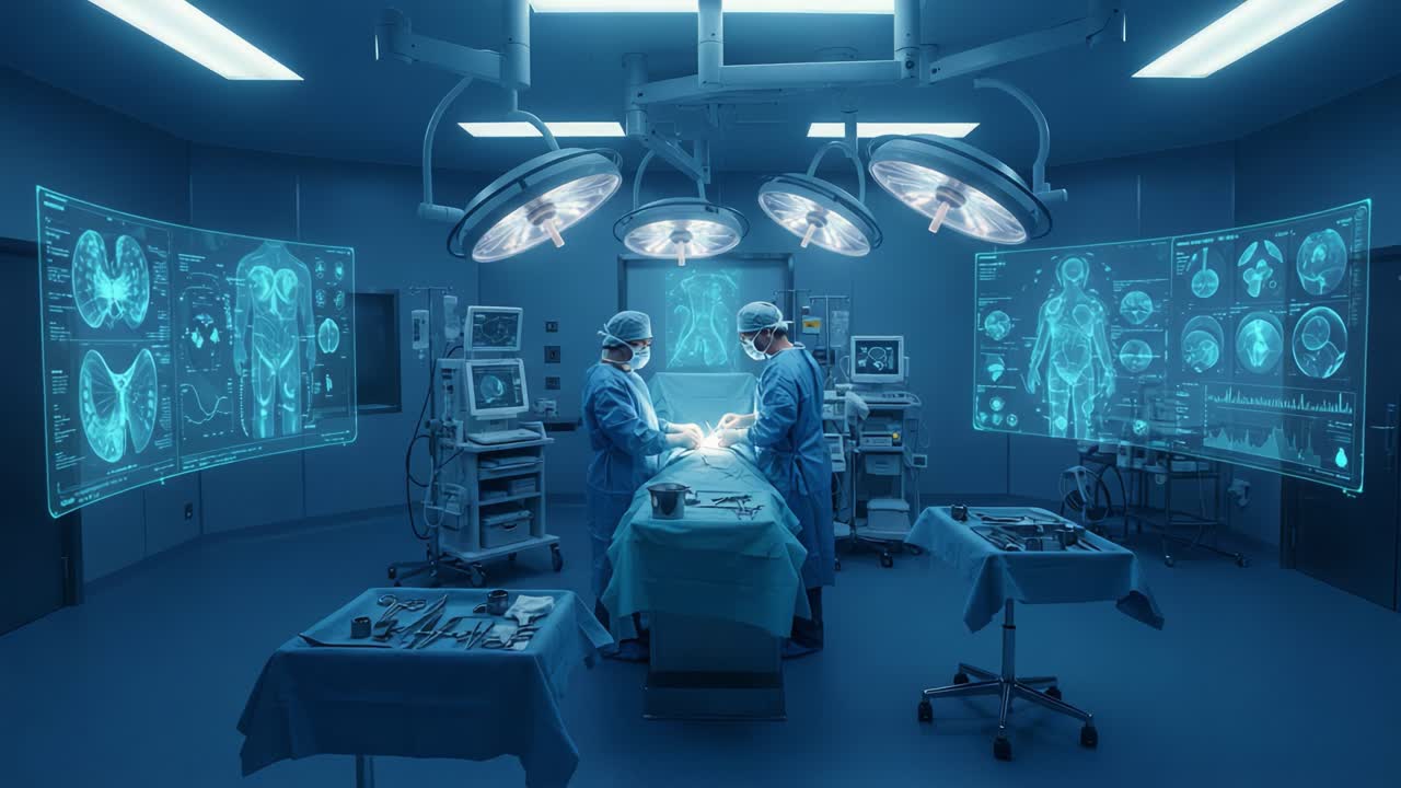 Advanced Surgical Procedure Highlighting High-tech Medical Equipment and Imaging Technologies in a State-of-the-art Operating Room with Professional Surgeons at Work