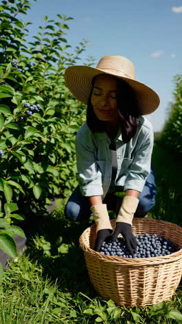 woman harvesting blueberries in a field