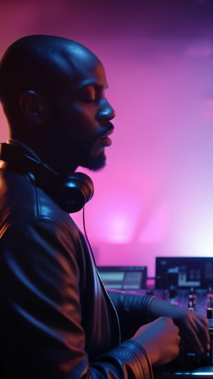 DJ con giacca di pelle mixa musica sotto luci al neon. Un bagliore viola avvolge la scena. Le mani si muovono con precisione. Occhi chiusi, concentrato, perso nel ritmo. Perfetto per club, festival o video musicali