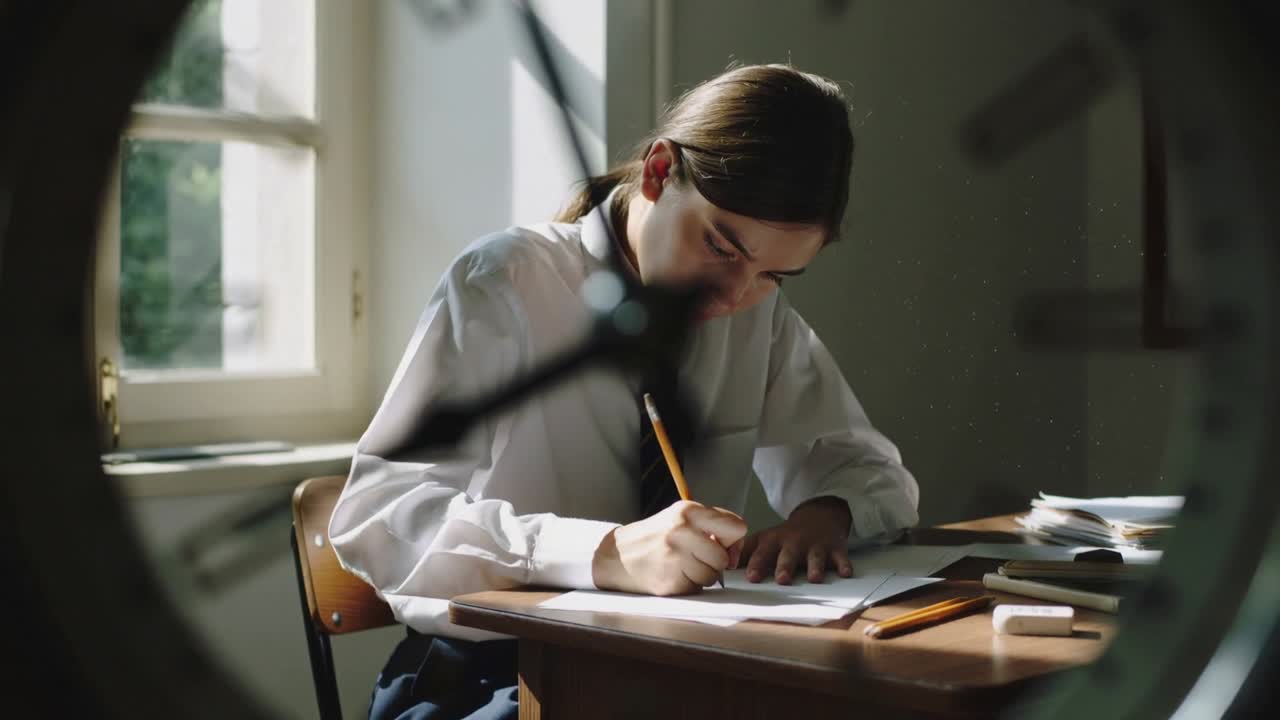 Fokusforskyvning avslører en elev på skolen som skriver på et arbeidsark med blyant, iført slips, med en analog klokke.