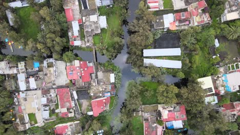 zenith view above a canal of xochimilco, mexico city