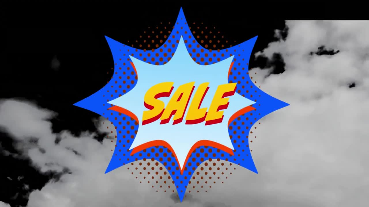 판매 텍스트와 검은 바탕에 구름의 애니메이션.