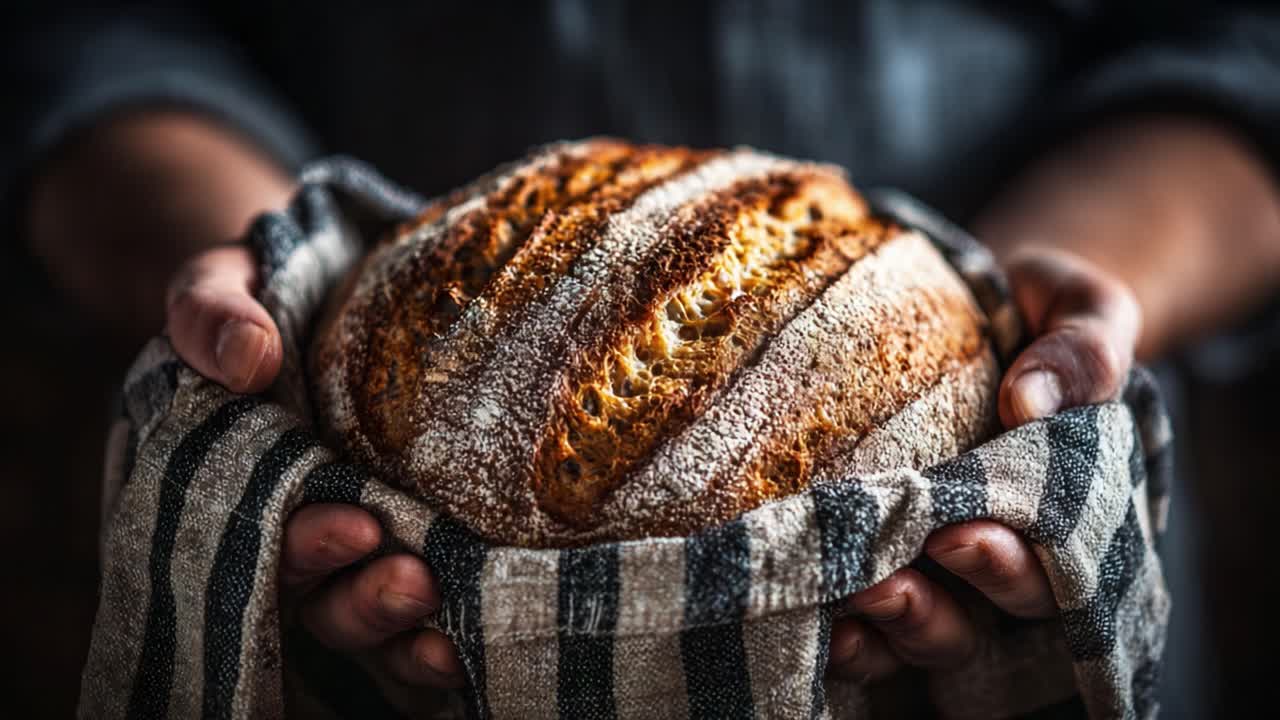 Freshly Baked Artisan Bread: A Hands-On Experience of Holding Golden Crusty Loaf Wrapped in a Cozy Towel, Exuding Warmth and Comfort for Every Bread Lover