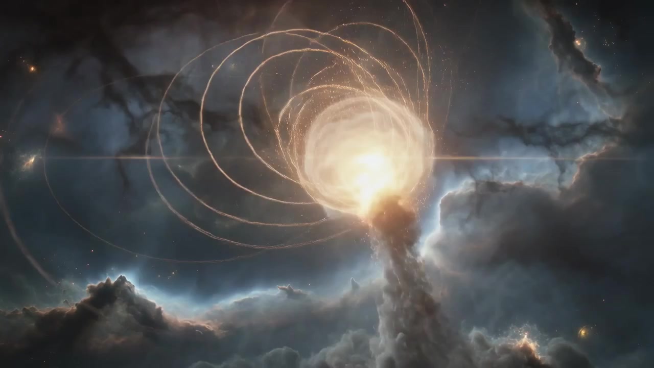 Nucleo che si illumina inviando spirali dorate negli anelli sopra un pilastro scuro, provocando un addensamento nella nebulosa