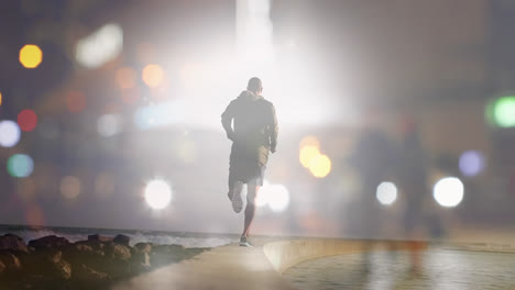 Composite-of-man-running-by-the-sea,-and-city-traffic-and-lights-at-night