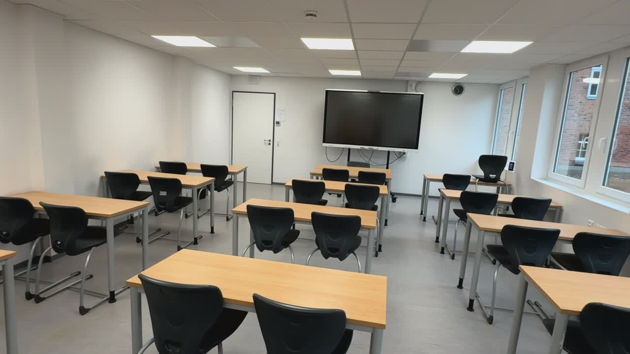 a classroom full of tables and chairs