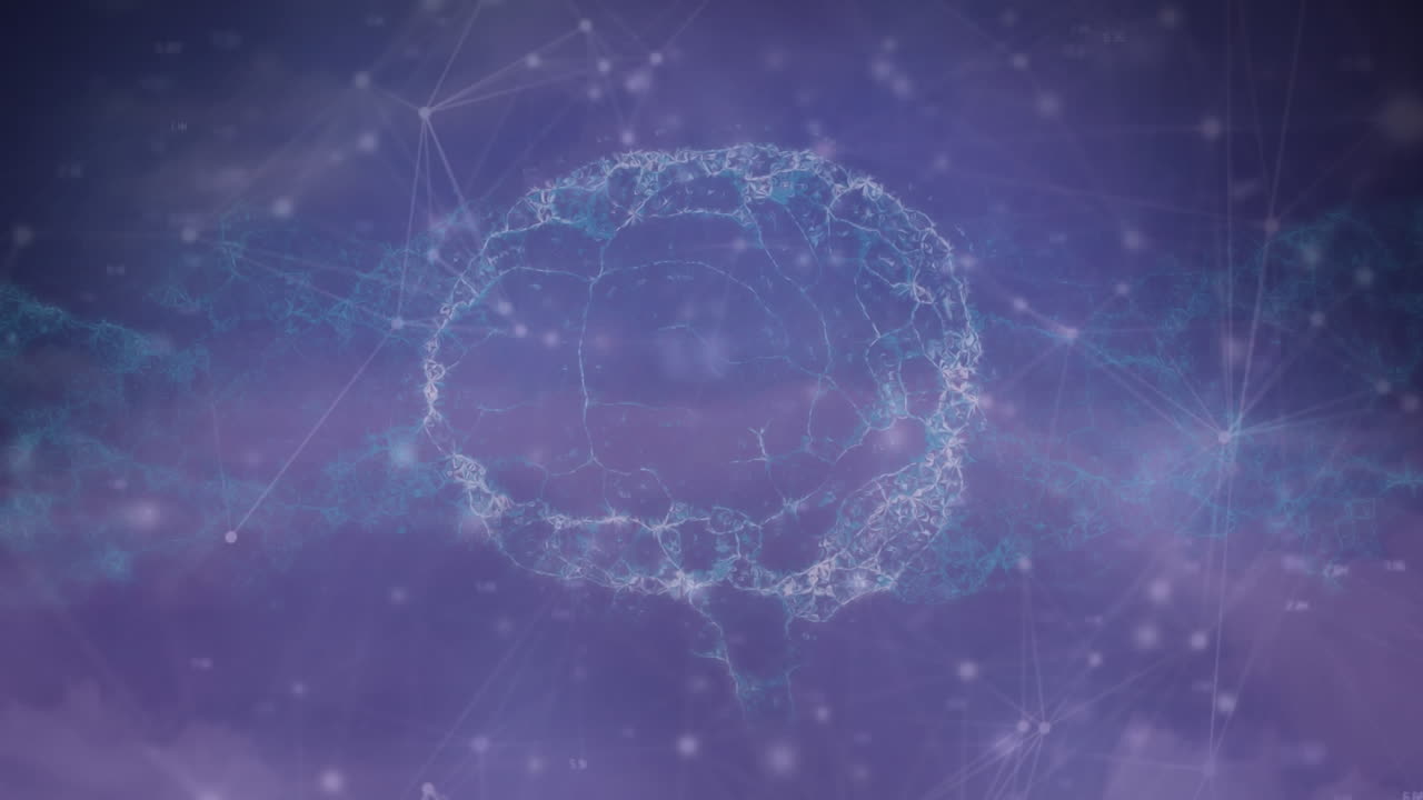 파란색 배경에 인간의 뇌가 회전하는 연결 네트워크의 애니메이션