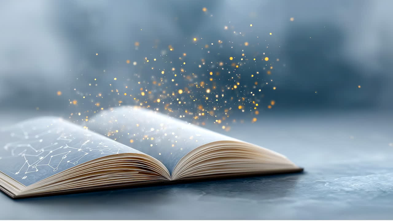Magic moments captured in an open book. An open book sits on a surface, with sparkles and light swirling around its pages, creating a magical atmosphere