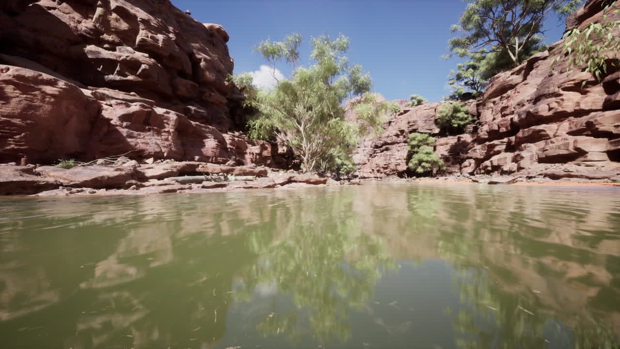 cañón de roca roja con arroyo y reflejos