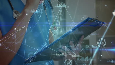 Healthcare professional using tablet with digital data network overlay animation