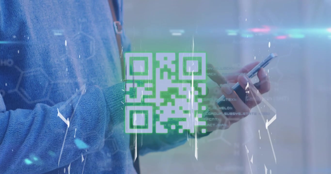 Animation of shapes, lights and qr code over hands of caucasian man using smartphone