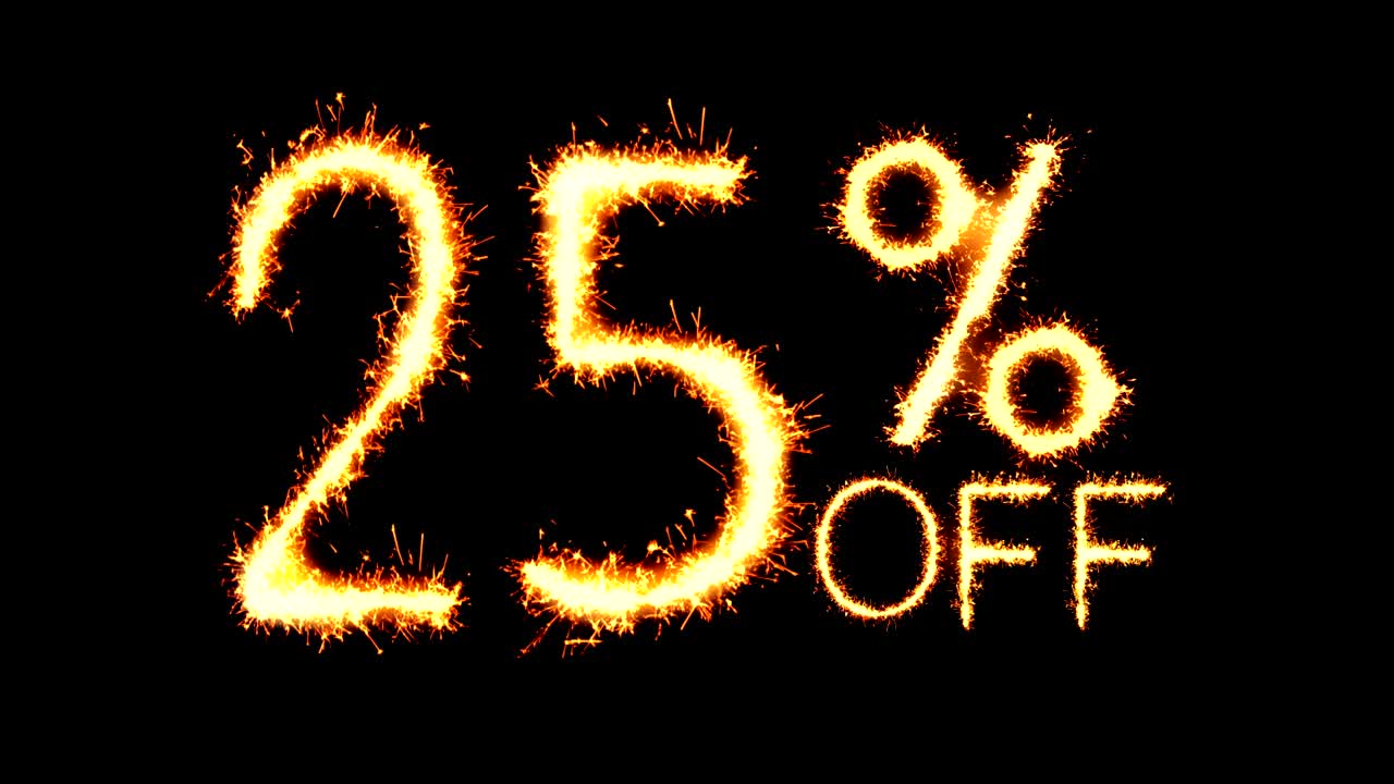 25% de descuento en texto, brillo, chispas y animación de bucle de fuegos artificiales.
